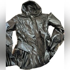 Monoreno Women’s Hooded Jacket BLack‎ Faux Leather Soft Women’s Size Medium